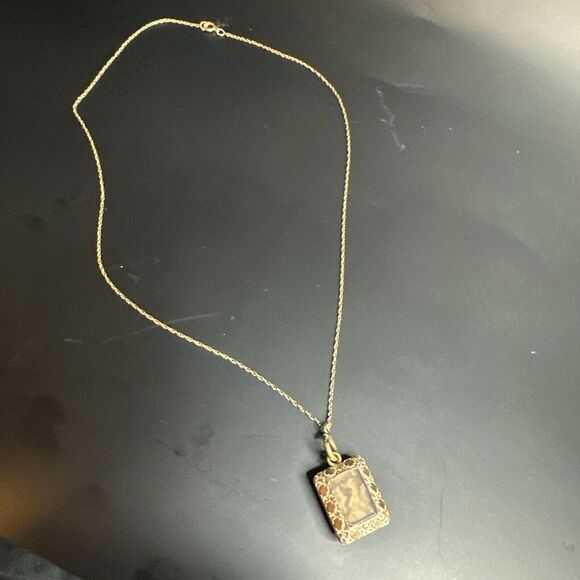 Antique Vintage 1900's Agate Floral Locket Gold Filled Pendant Necklace - Picture 2 of 5